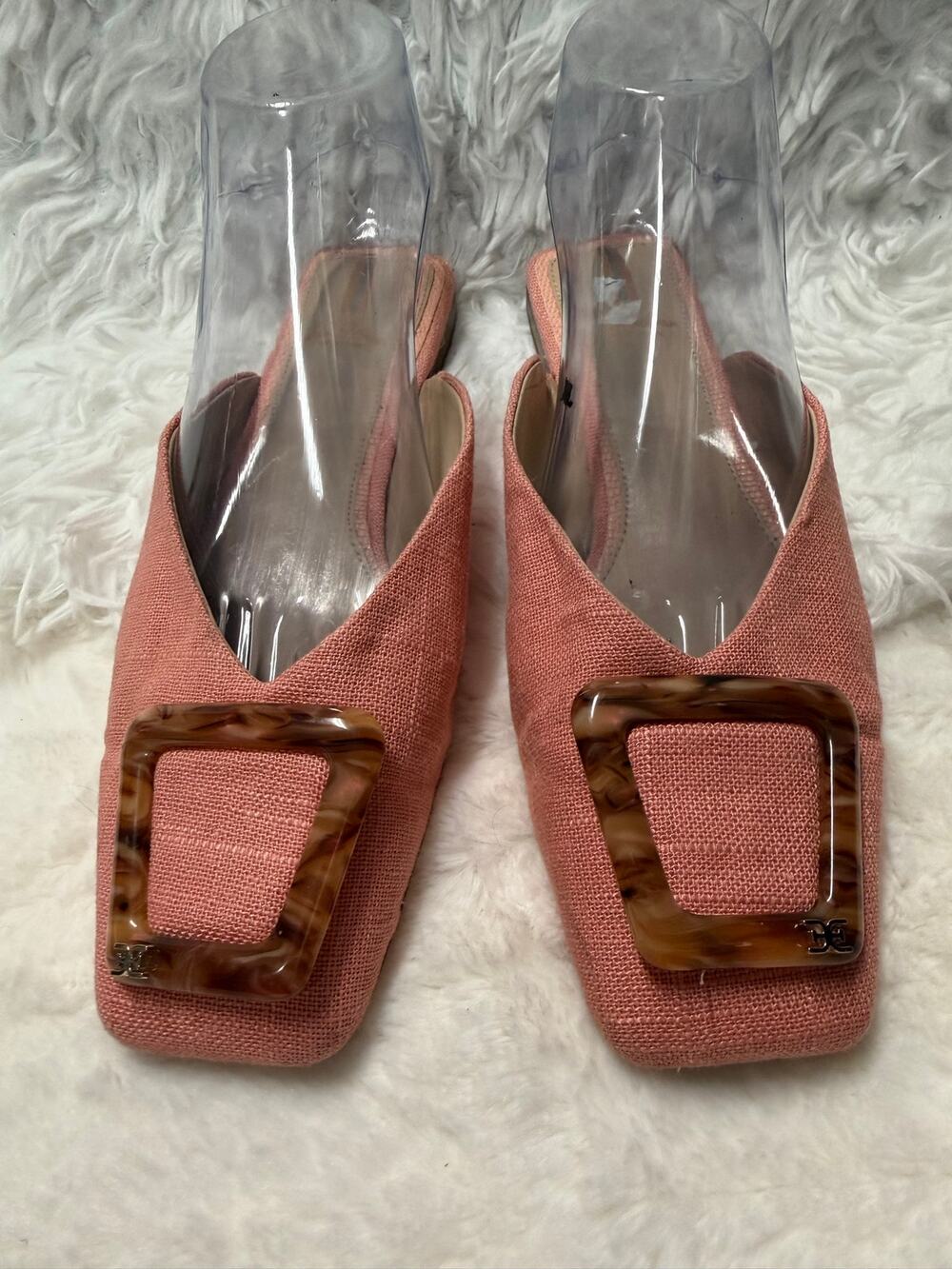 Sam Edelman Pink Woven Square Toe Mule Flats Tortoise Buckle Women's 7.5